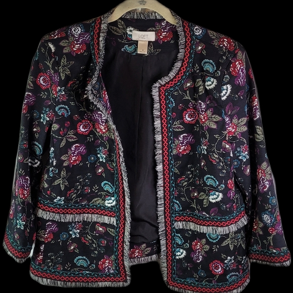 Loft womens open front blazer jacket floral tapestry with fringe size 8 - Picture 1 of 8
